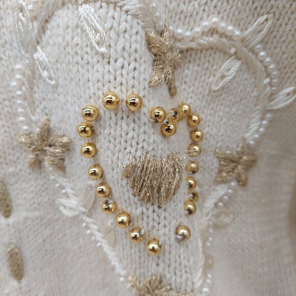 Work In Progress Women’s Ivory Sweater Size XL 18 / 20 Beaded Hearts Bow - Picture 11 of 12